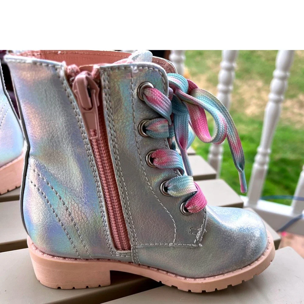 Jelly pop Girls Boots Size 6M‎ Toddler Iridescent Rainbow Lace Up Zipper Ankle